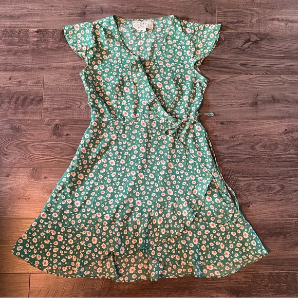 Pink Martini Dress green petite floral print ruffle sleeves faux wrap style - Picture 4 of 12